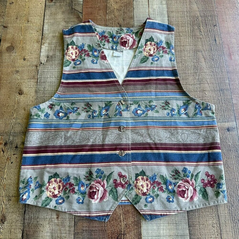Vivaldi Jeanswear Womens Floral Striped Vest Size Large Colorful Vintage Style